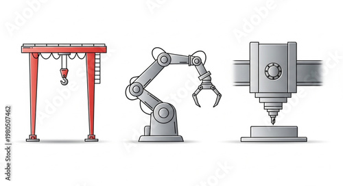 Industrial machinery and robotic arm illustration.