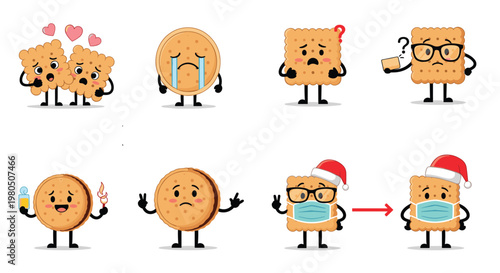 Collection of various cookie characters shows different emotions including sadness and love along with winter accessories and face masks.