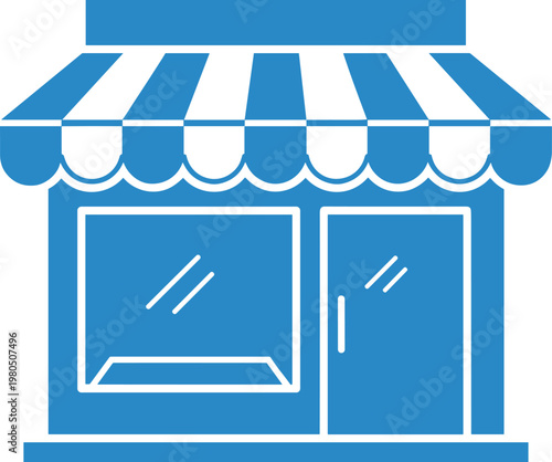 Storefront building icon with awning for small business retail shop and marketplace concept in clean blue flat design style.
