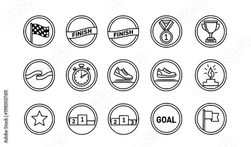 Title:
Finish line sports icon set with race completion and winner trophy outline vector collection for web design