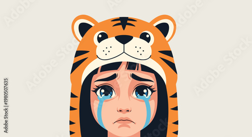 Crying young girl wearing an orange tiger hat shows a sad expression with big blue eyes and tears streaming down her face in a close up portrait.