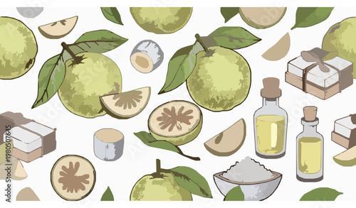 Bael Fruit Seamless Pattern Herbal Spa Cosmetic Vector Design