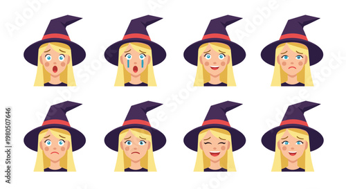 Set of facial expressions for a blonde witch character includes various emotions like surprise and happiness for storytelling and animation.