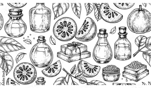 Bengal Quince Bael Seamless Pattern Botanical Cosmetic Vector