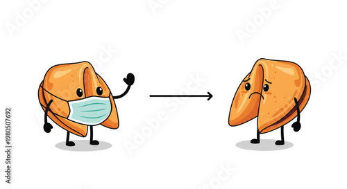 Educational graphic shows two fortune cookie characters practicing social distancing with one wearing a face mask to promote health and safety.