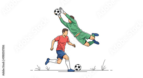 Soccer goalkeeper diving to catch the ball while a striker runs on the field during a competitive football match game.