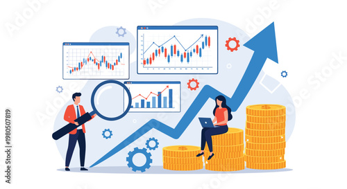 Financial data analysis concept with people examining business growth charts and gold coins for investment strategy.