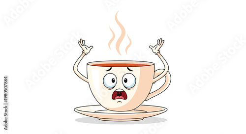 Scared and shocked tea cup character with wide eyes and open mouth raises its hands in alarm as steam rises from the hot beverage inside.