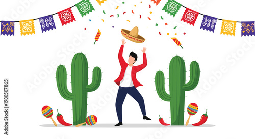 Man wearing a red jacket celebrating a mexican fiesta with sombrero maracas and cacti under festive colorful banners.