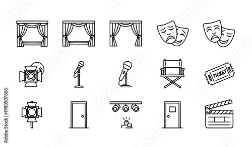 Title:
Theatrical stage line art icon set with theater elements outline vector collection for web design