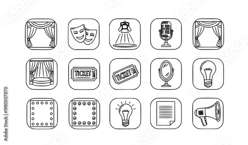 Title:
Bold theatrical stage outline icon set with drama theater elements clean vector collection