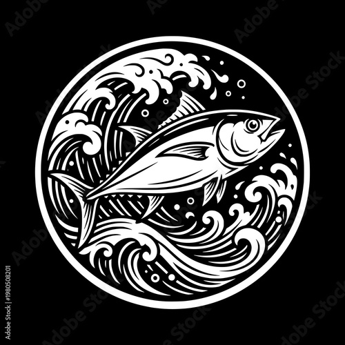 Black and White Tuna Fish Wave Emblem