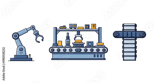 Industrial automation equipment including robotic arm conveyor belt and machinery.