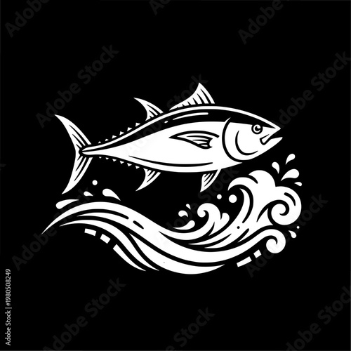 Minimalist Tuna Fish with Ocean Wave Illustration