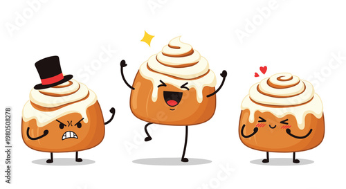 Group of three cinnamon roll characters with different personalities including angry and happy expressions for food theme.