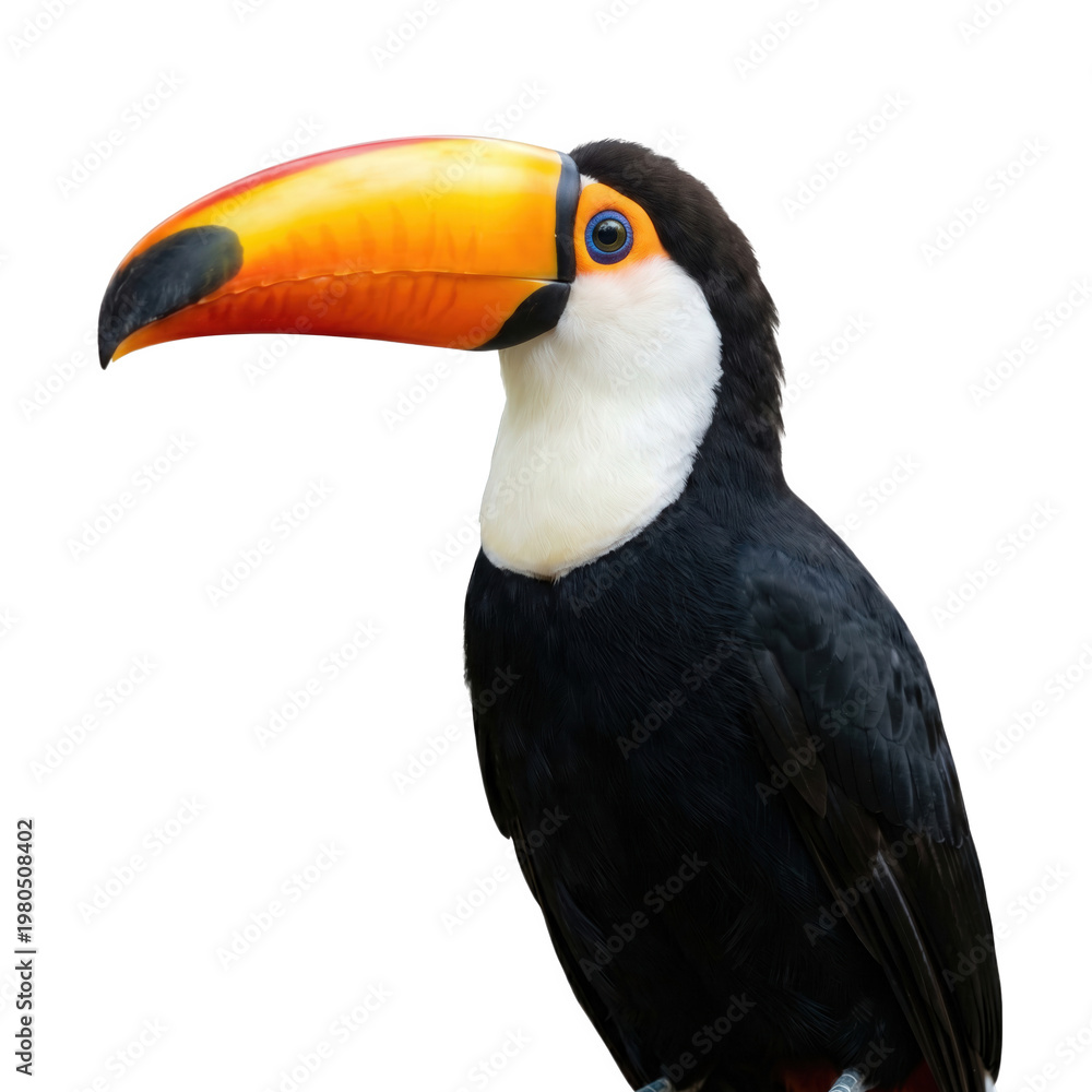 Obraz premium Colorful toucan with large beak isolated PNG, tropical bird with black plumage and vibrant orange bill on transparent background