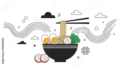 Bowl of delicious japanese ramen noodles with boiled eggs vegetables and chopsticks in an artistic line art style.