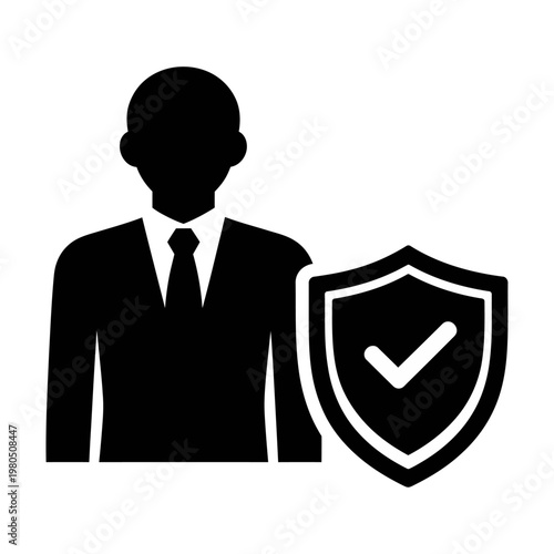 Vector graphic of a suited man standing next to a shield with a checkmark, symbolizing security and protection.