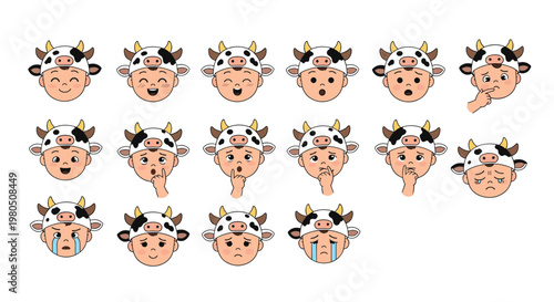 Collection of young boy avatars wearing cow themed hats with different facial expressions and hand gestures for kids.