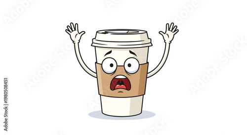Terrified coffee cup character with wide eyes and open mouth looks shocked and scared in a funny cartoon illustration.