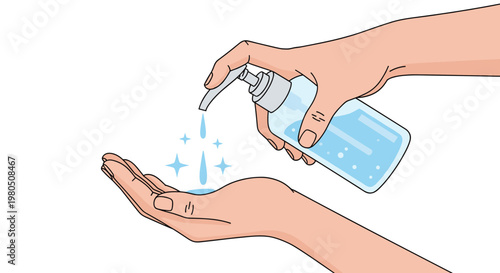 Human hands applying liquid hand sanitizer from a pump bottle to maintain hygiene and prevent germs spreading.