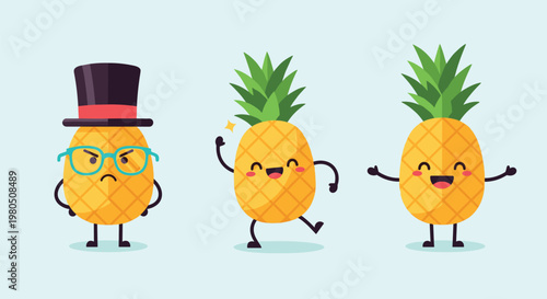 Set of three pineapple characters showing different moods and accessories including a top hat glasses and happy smiles.
