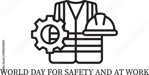 Black and white World Day for Safety at Work vector illustration with vest helmet gear design