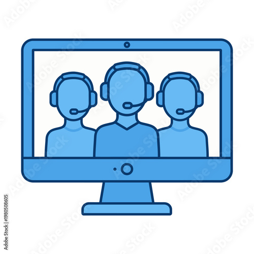 Vector graphic of three customer support representatives on a computer screen wearing headsets for online assistance.