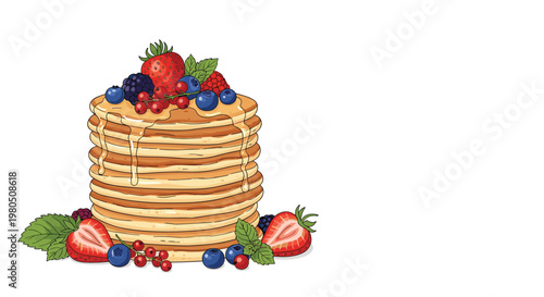 Large stack of delicious pancakes topped with honey and fresh berries including strawberries and blueberries on a white background.