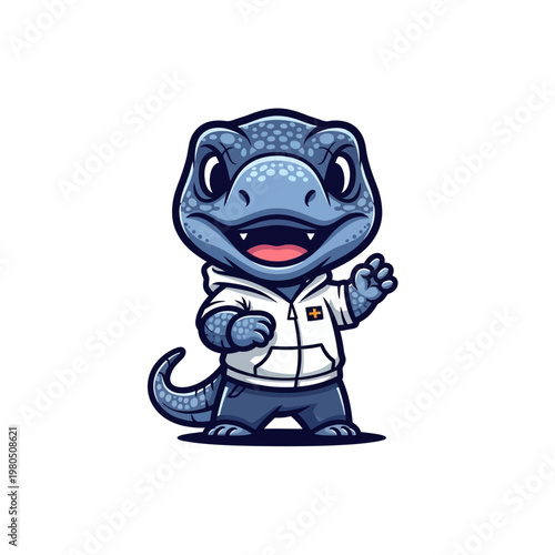 Cute Chibi Blue Lizard Mascot Character Wearing a White Zip-Up Hoodie and Blue Joggers, Smiling Friendly Reptile Illustration Isolated on White Background for Brand Identity Design.