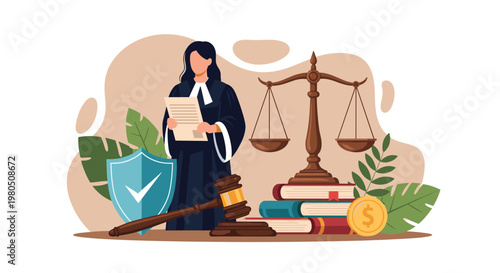 Female judge or lawyer standing next to scales of justice and law books for a professional legal service concept.