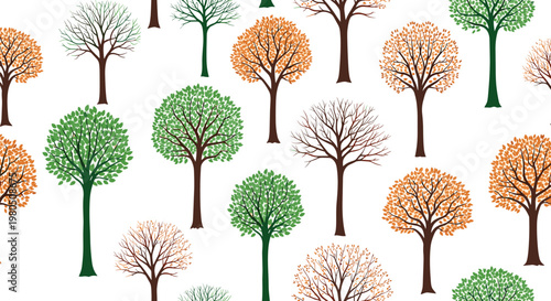 Seamless pattern of diverse deciduous trees in green and autumn colors on a white background depicts forest nature.