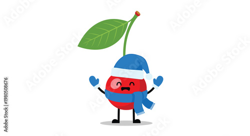 Cute cherry character wearing a blue winter hat scarf and mittens smiles happily in a cold weather illustration.