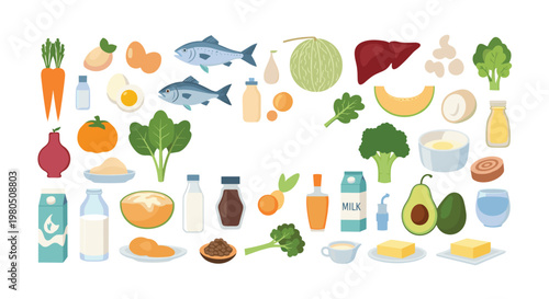 Large collection of healthy food items like fruits vegetables dairy fish and oils for balanced nutrition and diet.