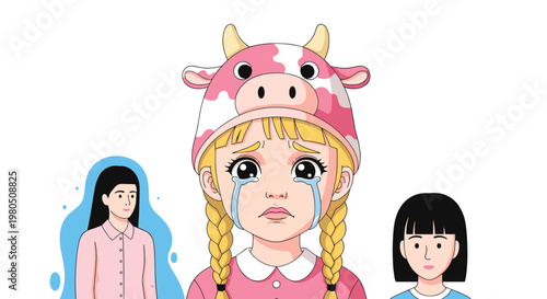 Sad girl wearing a pink cow hat is crying while two other girls stand in the background in a thoughtful illustration.