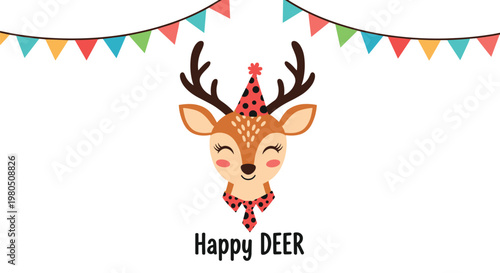 Festive deer character wearing a party hat and a tie is decorated with colorful bunting for a happy birthday wish.