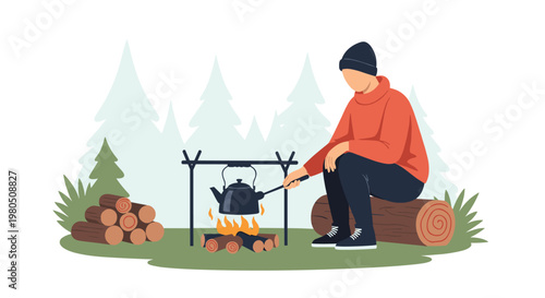 Person sitting on a log by a campfire in a pine forest heating a black kettle over the flames during a camping trip.