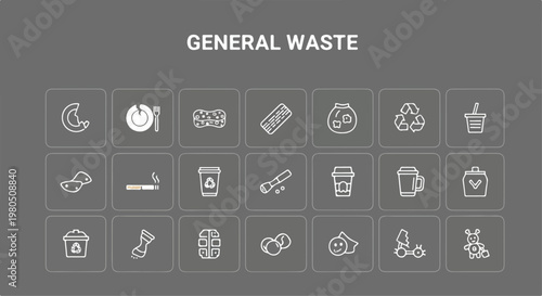 General waste icon set, 21 linear garbage and recycling vector elements, white outline trash management symbols on dark grey background