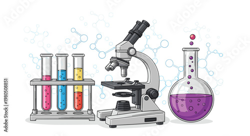 Science laboratory equipment with a microscope, test tubes containing colored liquids, and a flask against a molecular background.