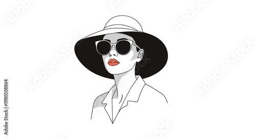 Stylish woman wearing a wide brimmed hat and dark sunglasses looks elegant in a minimal black and white sketch.