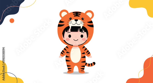 Cute little child wearing a tiger costume stands happily against a geometric background for a fun school play or party.