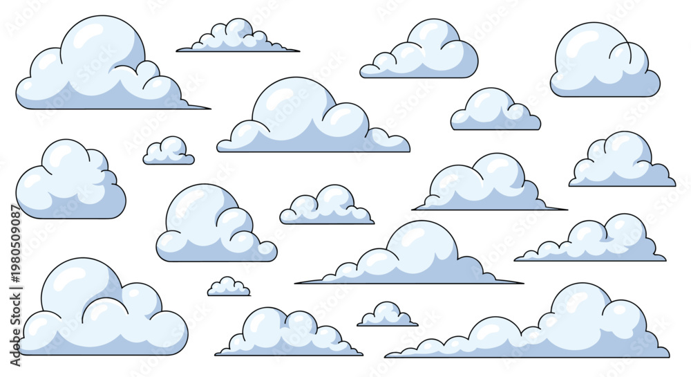 Obraz premium Large collection of white fluffy cartoon clouds in various shapes and sizes isolated on a clean white background.