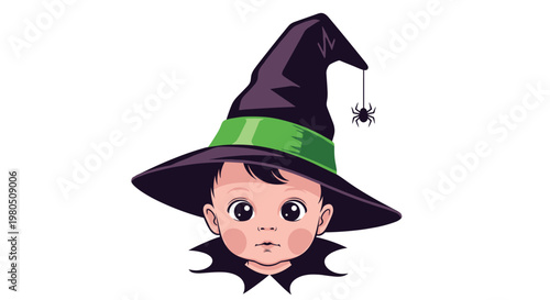 Adorable baby witch with large curious eyes wears a purple hat with a green band and a small black spider hanging from the tip of it.