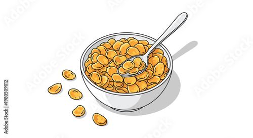 Delicious bowl of golden cereal or beans is shown with a silver spoon resting inside and several pieces scattered on a white background.