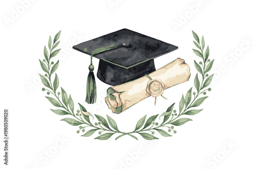Watercolor Graduation Cap and Diploma with Laurel Wreath.