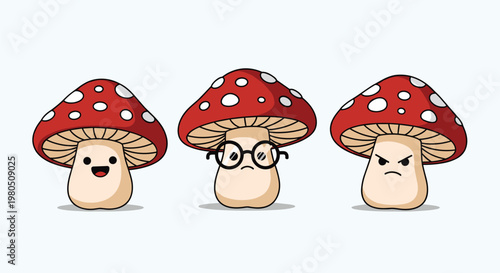Three cute red mushroom characters with white spots show different personalities including happy nerdy with glasses and angry expressions.