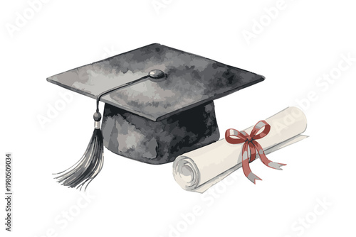 Watercolor illustration of a graduation cap and rolled diploma scroll.