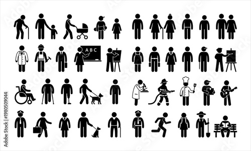 Large collection of human silhouette icons professions, lifestyles, and activities