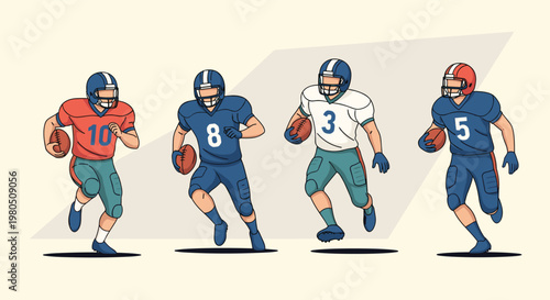 Action shot of American football players in different uniforms running with the ball on the field during a competitive game.