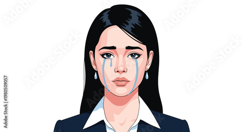 Professional businesswoman with long dark hair and earrings cries with visible tears streaming down her cheeks against a white backdrop.